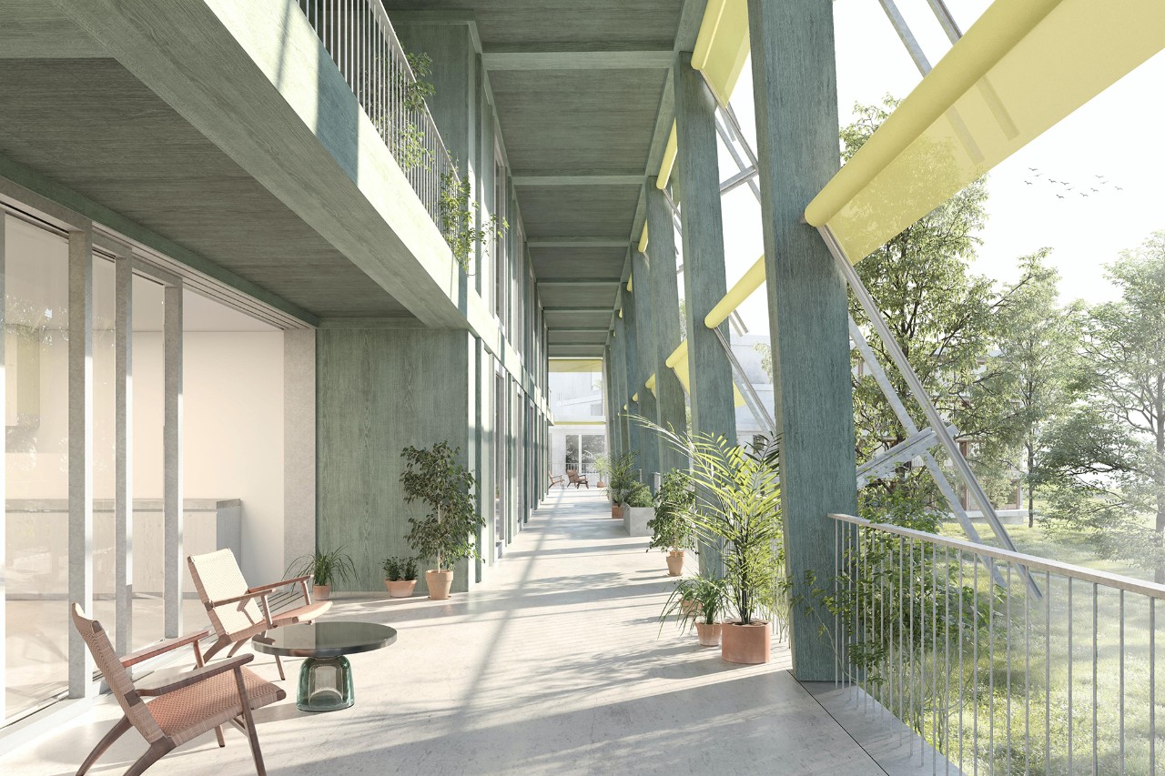 Visualisierung Gesundheitszentrum für das Alter Bachwiesen Siegerprojekt WANDALON ‒ Blick von der Terrasse in die Parkanlage (Visualisierung: Piertzovanis Toews, Basel)